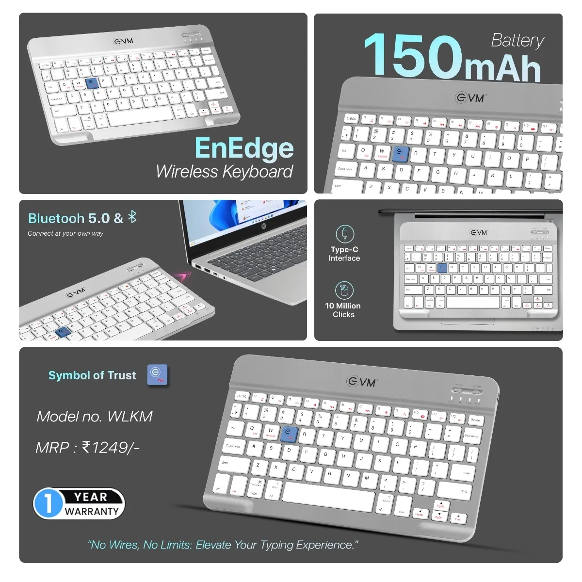 EVM Wireless Keyboard Rechargeable EnEdge WLKM Silver view 5
